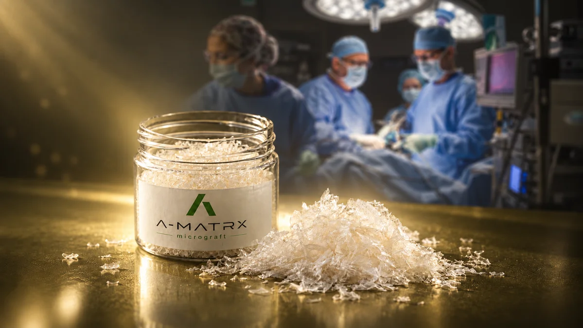 A-MATRX jar and flakes in the foreground with a surgical team in the background