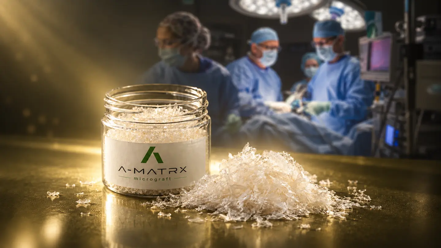 A-MATRX jar and flakes in the foreground with a surgical team in the background