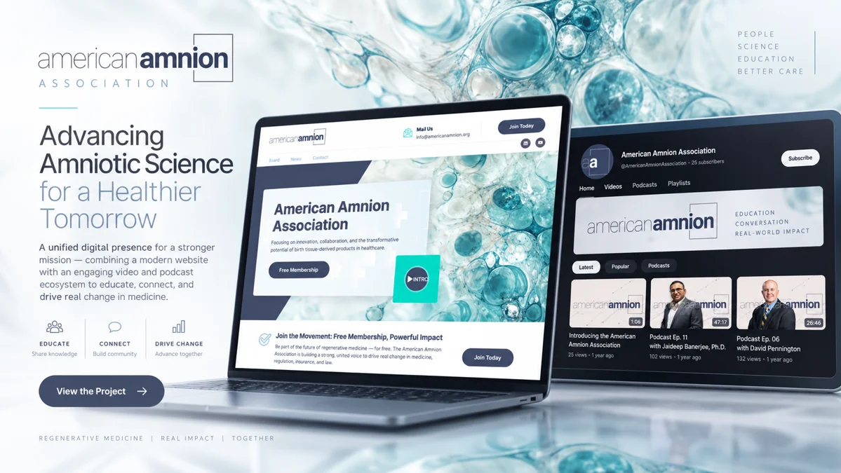 American Amnion Association project artwork showing its brand, website and video and podcast presence