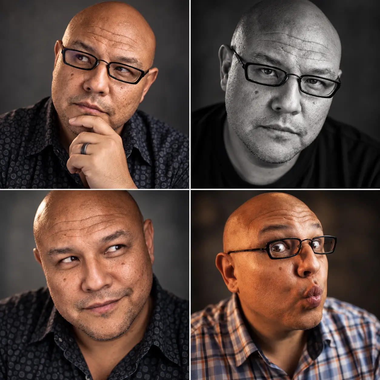 Four portraits of Dan Hong, mixing candid expressions and color and black-and-white photography.