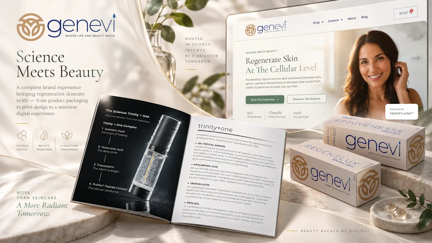 Genesis Skin Care project artwork featuring genevi branding, a website, printed materials and product packaging
