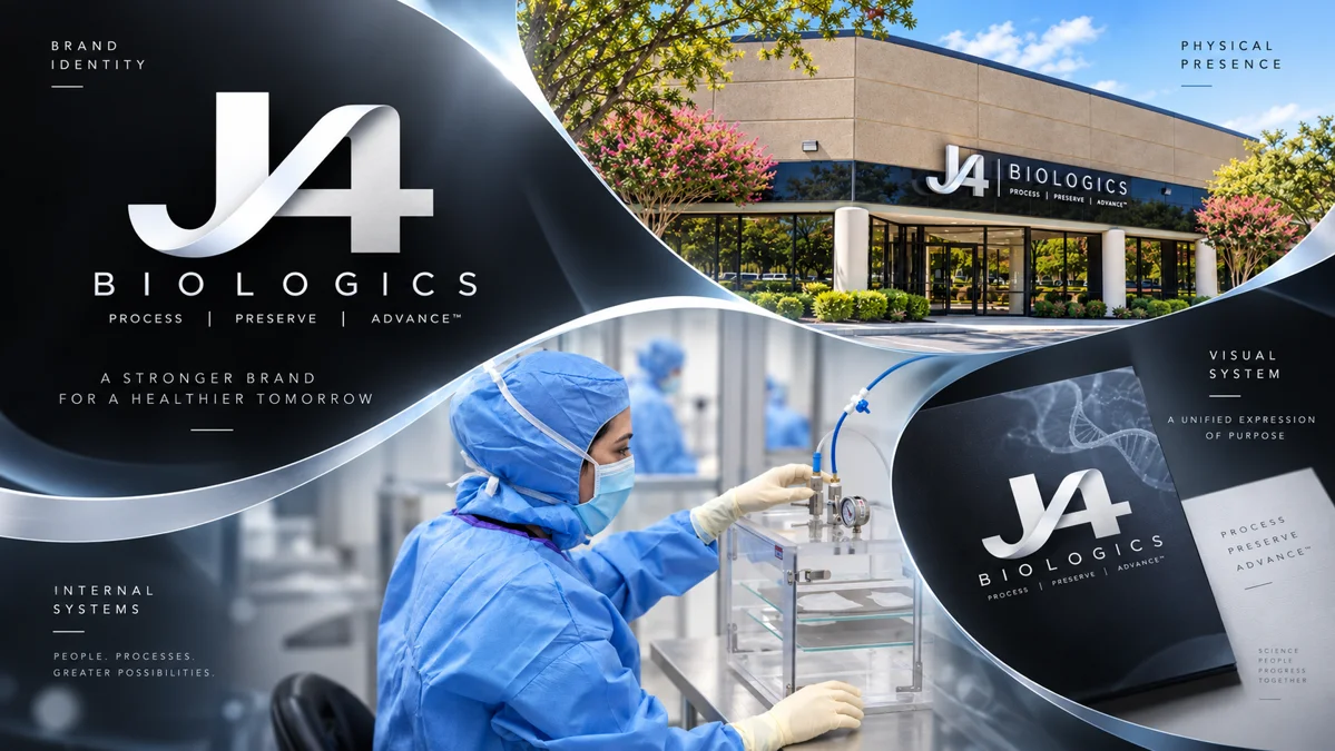 J4 Biologics project overview showing brand identity, visual system, building signage and laboratory imagery
