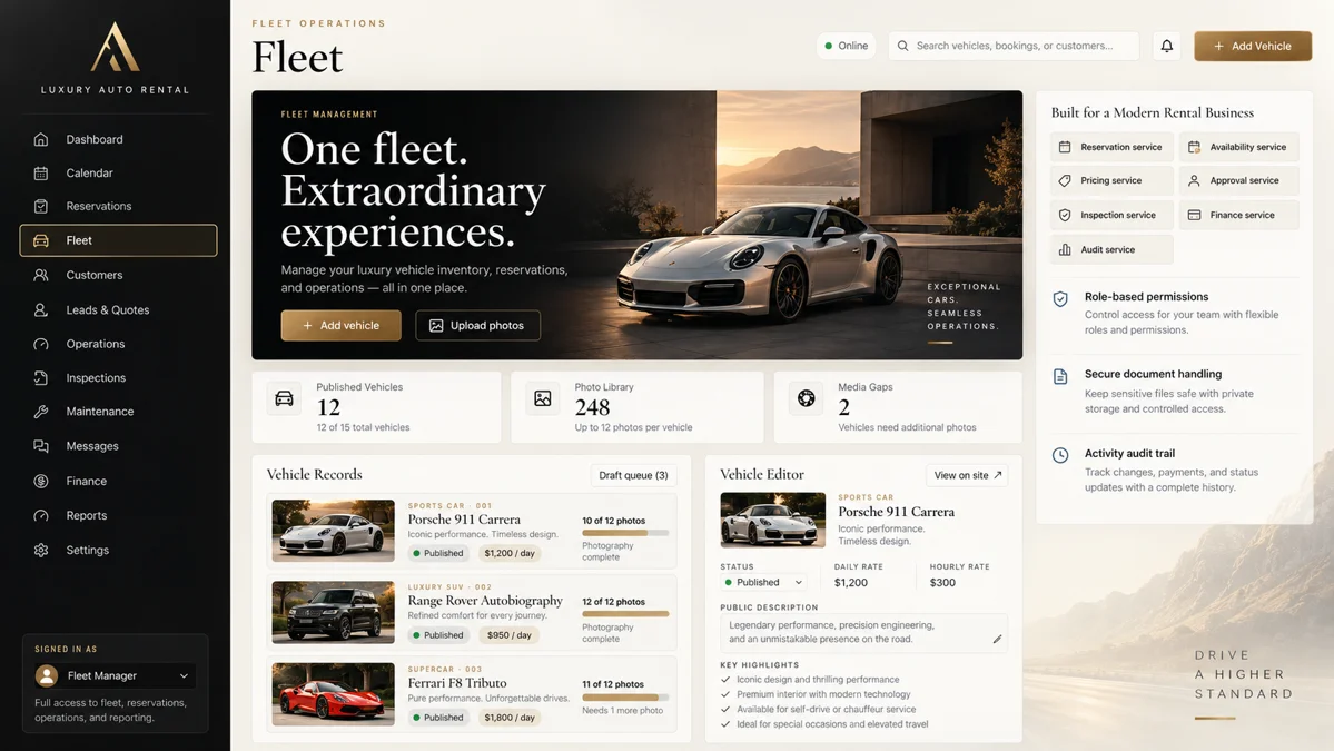 Luxury rental fleet dashboard design showing vehicle records, a vehicle editor and operations navigation