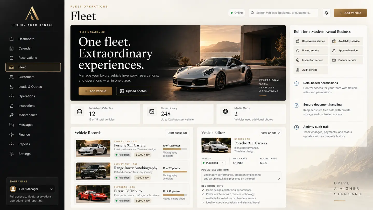 Luxury rental fleet dashboard design showing vehicle records, a vehicle editor and operations navigation