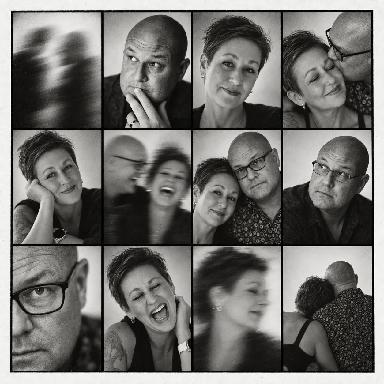 A black-and-white photo grid of Theresa and Dan Hong, separately and together.
