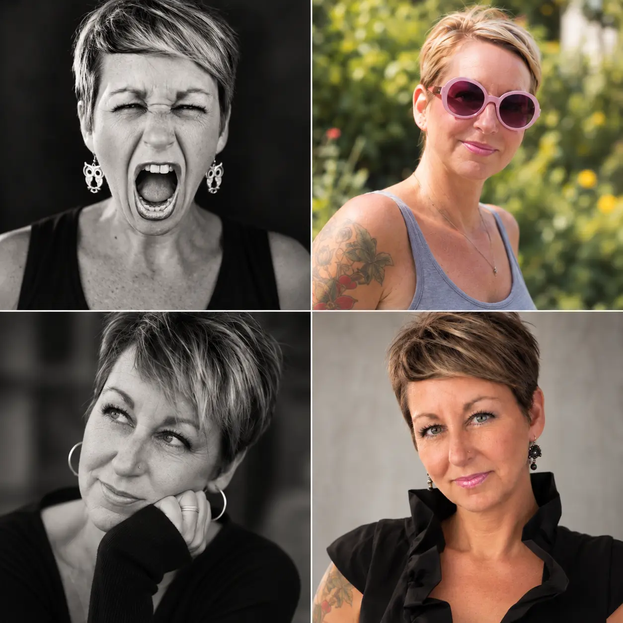 Four portraits of Theresa Hong, mixing candid expressions and color and black-and-white photography.